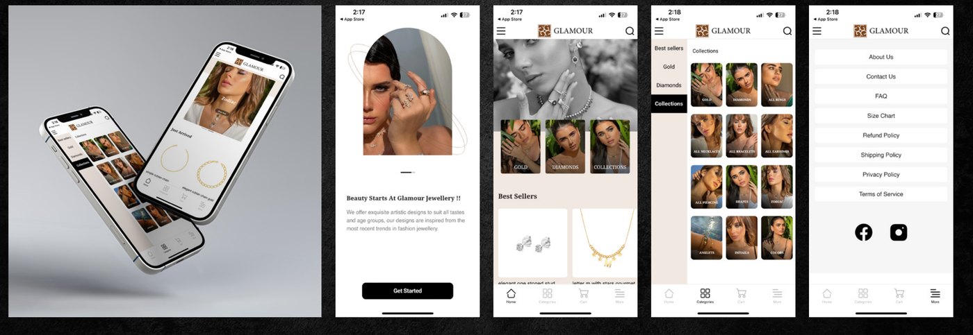 Glamour Jewellery mobile app screens